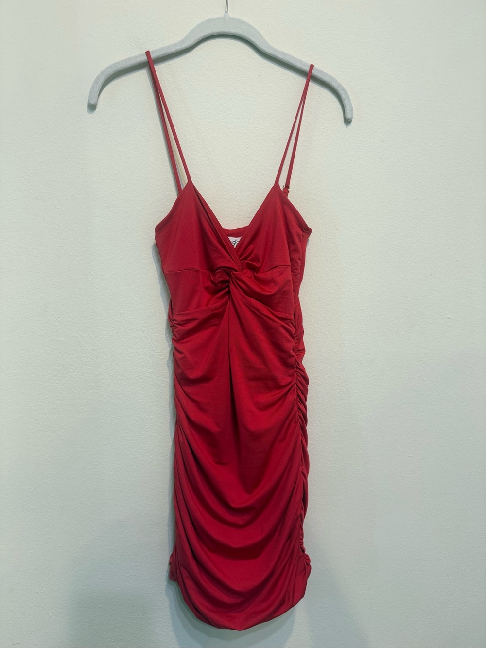 Oh Polly Red Twist-Front Ruched Mini Dress